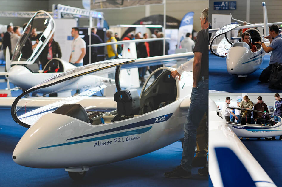 Collage mit SZD-Perkoz am Messestand der AERO 2024.